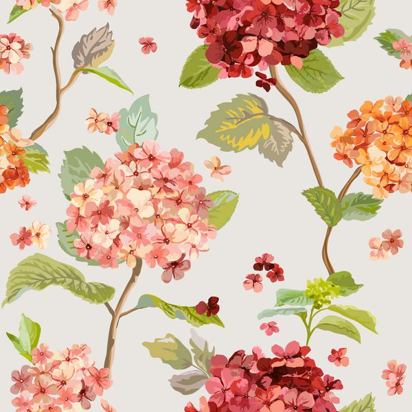 گلهای پرنعمت زمینه گل هورتنزیا الگوی یکپارچه برای طراحی چاپ نساجی دفترچه در وکتور