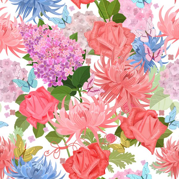 بافت بدون درز رنگارنگ با گل و پروانه تابستانی مخلوط گل برای طراحی شما