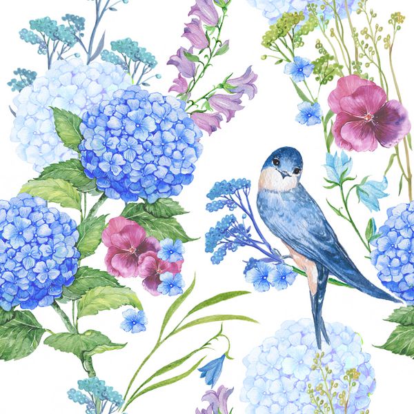 الگوی بدون درز برای پارچه تصویر زمینه آبرنگ های تصویری گلهای پرستو جادویی آبی رنگ زنگ بنفش هستند