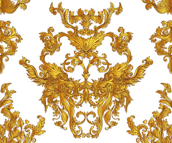 الگوی بدون درز گل باروک پرنعمت در طلای بیش از سفید دکوراسیون بردار تزئینی مفهوم لوکس سلطنتی و ویکتوریا عنصر طلایی جدا شده بر روی سفید