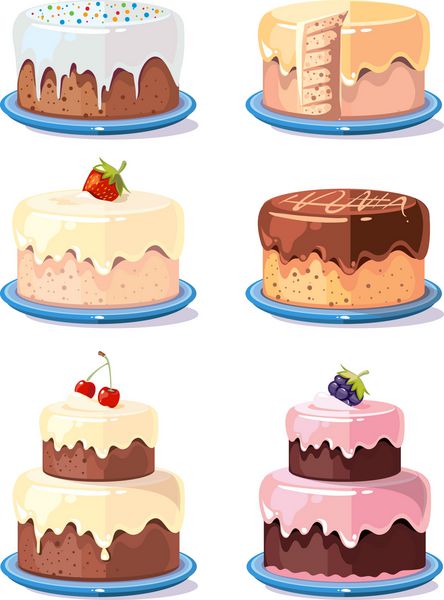 وکتور کیک های خوشمزه وکتور کیک در سبک کارتونی کیک تولد با تصویر شکلات و میوه