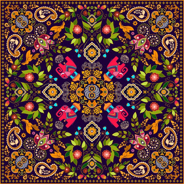 طرح شال گل تزئینات مربعی با گل های تزئینی و پیزلی باتیک هندی گل و پیزلی استایل باتیک اندونزی طراحی دکوراسیون منزل شال پتو فرش دستمال