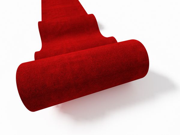 رول فرش قرمز کلاسیک 3D در کف سفید