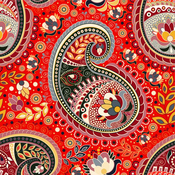 الگوی بدون درز رنگارنگ پیزلی پس زمینه قرمز هند الگوی تزئینی پیزلی الگوی گلهای سبک طراحی پارچه پارچه گوشه فرش کاغذ بسته بندی