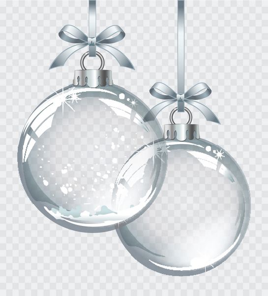 وکتور توپ های کریسمس نقره ای شفاف واقع گرایانه با برف در پس زمینه انتزاعی سبک