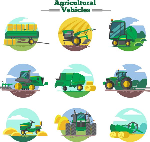 مفهوم وسایل نقلیه کشاورزی با بذر کاشت و بسته بندی برداشت و حمل و نقل تصویر برداری جدا شده یونجه