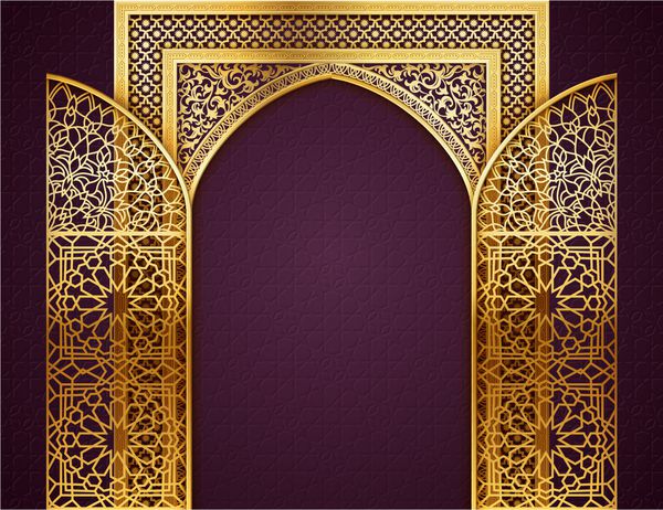 پس زمینه ماه رمضان با قوس طلایی درهای باز شوخ طبعی با الگوی عربی طلایی زمینه برای ماه مبارک جامعه مسلمانان رمضان کریم EPS 10 حاوی شفافیت