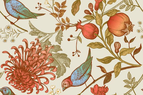 گل های گل داودی ژاپنی انار شاخه ها برگ ها و پرندگان الگوی بدون درز تصویر برای پارچه کاغذ تلفن بسته بندی هدیه پارچه طراحی داخلی جلد