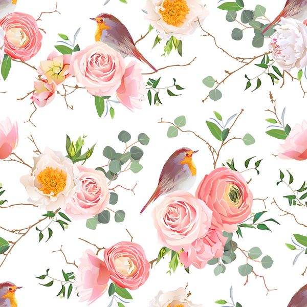 الگوی بدون درز وکتور طبیعی با پرندگان نژاد رابین زیبا و دسته گلهای رز هلو و ranunculus به سبک ژاپنی