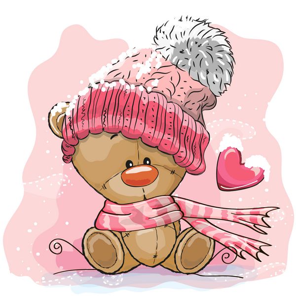 خرس عروسکی کارتونی ناز در یک کلاه بافتنی روی یک برف نشسته است