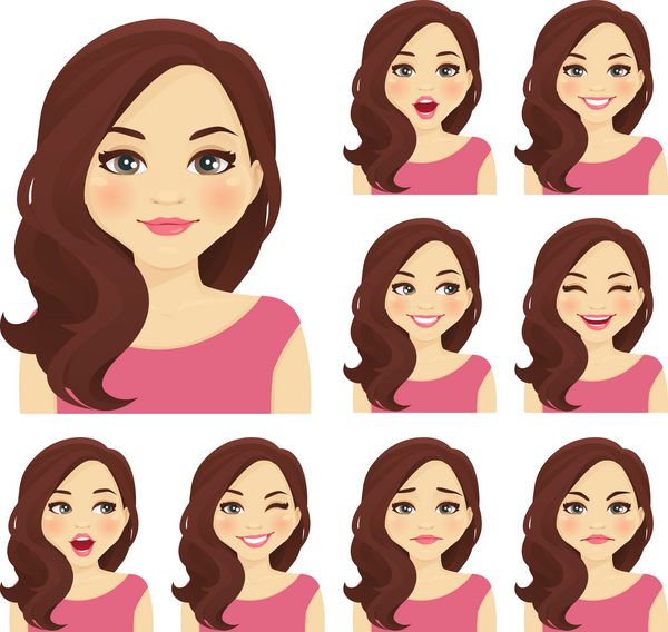 یک زن زیبا با چهره های مختلف صورت تصویر برداری جدا شده را تنظیم می کند