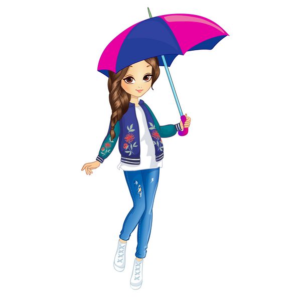تصویر برداری دختر شهر مد در راه رفتن و نگه داشتن چتر