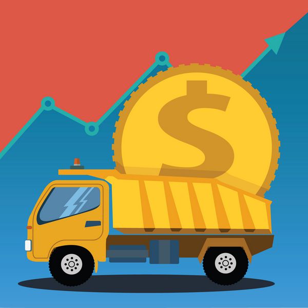 کامیون ساختمانی که حامل یک سکه بزرگ سرمایه گذاری در تجارت و مفهوم بردار سود است
