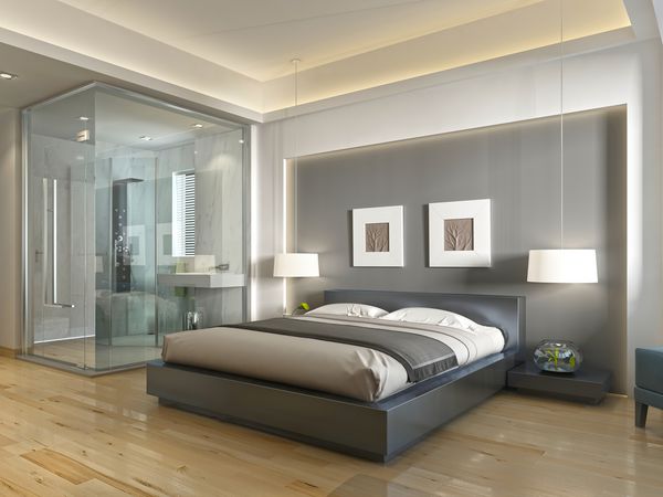 اتاق هتل مدرن با تختخواب بزرگ سبک مدرن با عناصر هنری دکو طاقچه تزئینی در دیوار با روشنایی و حمام شیشه ای رندر سه بعدی