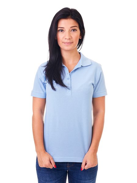 زن جوان پیراهن چوگان آبی با پس زمینه سفید