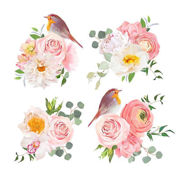 دسته های رنگارنگ بهاری و اشیاء طراحی وکتور پرندگان نژاد پرنده ناز گلهای هلویی گل دالیا گل میخک گلهای ارکیده و ranunculus به سبک ژاپنی همه عناصر جدا شده و قابل ویرایش هستند
