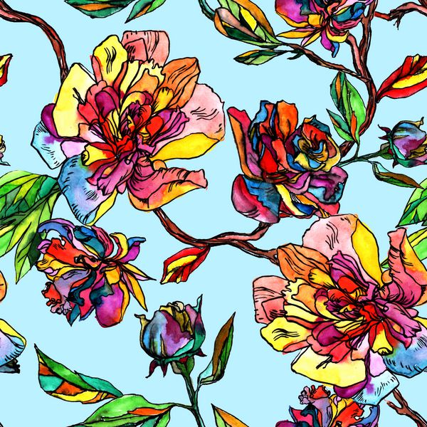 گلهای استوایی الگوی گل روی برانک تصویر شگفت انگیز نقاشی با آبرنگ بر روی یک پس زمینه آبی گرافیک رنگارنگ