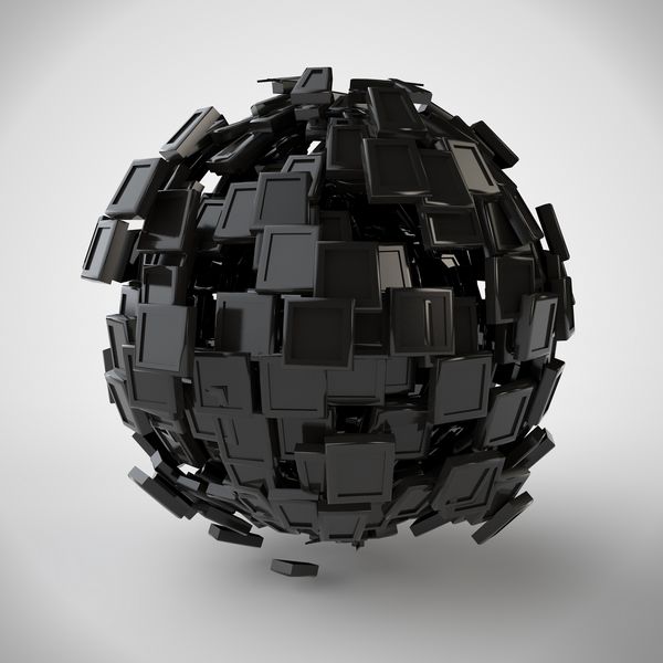 تصویر یک کره سیاه که با تعداد زیادی کاشی احاطه شده است انتزاع در زمینه سفید ارائه سه بعدی