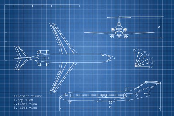 طرح کلی طرح هواپیما در یک پس زمینه آبی نمای بالا جانبی و جلو