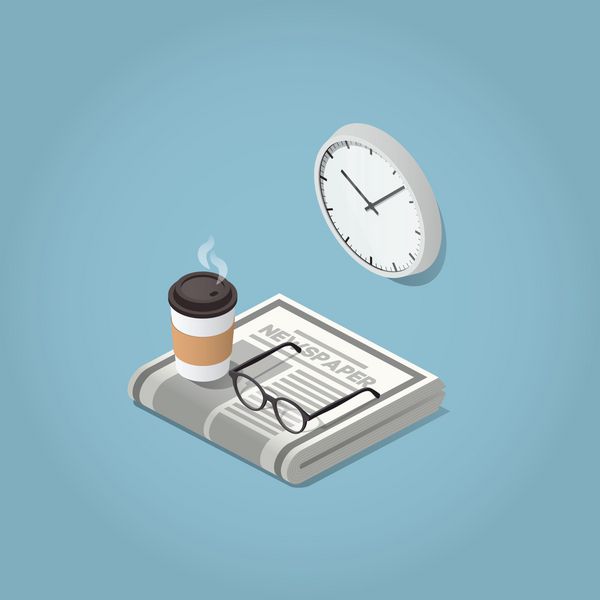 ایزومتریک ایزومتریک تصویر روزنامه مفهومی مقاله روزانه لیوان های مخصوص خواندن ساعت دیواری و قهوه صبحگاهی سبک زندگی تجاری مدرن