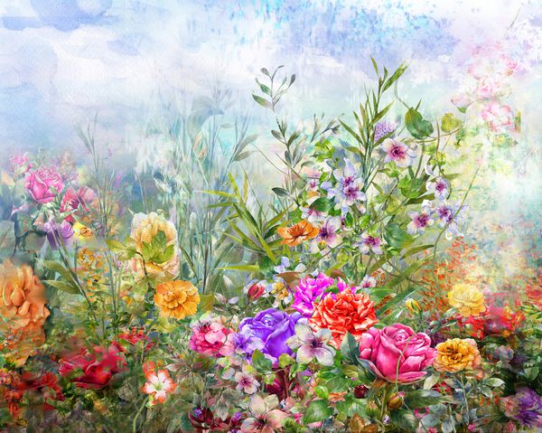 نقاشی آبرنگ با گلهای رنگارنگ بهار در طبیعت رنگارنگ