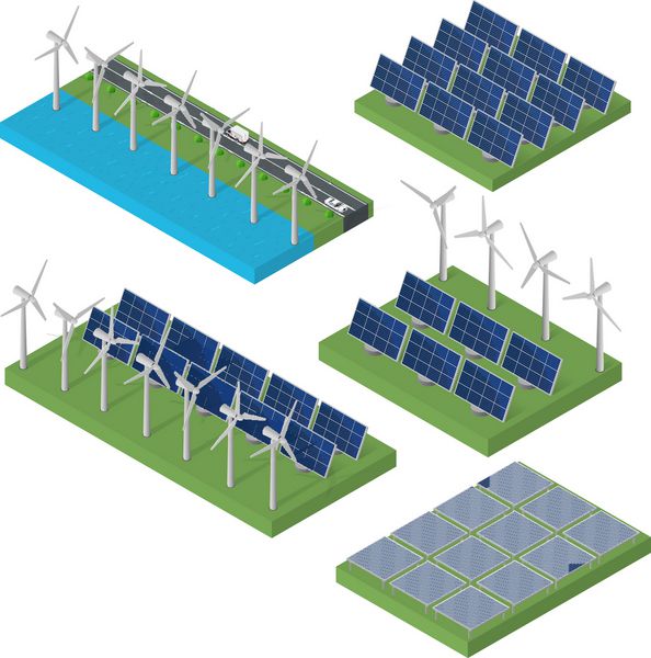 قدرت توربین بادی مفهوم انرژی پاک ایزومتریک قدرت باد پانل های خورشیدی آبی ایزومتریک مسطح انرژی جایگزین مدرن مجموعه انرژی زیست محیطی