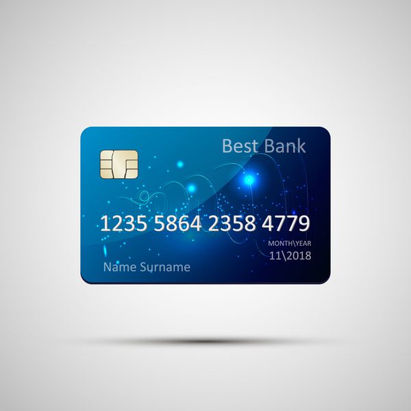 کارت اعتباری آبی جدا شده در زمینه خاکستری با سایه وکتور eps 10 مفهوم کارت اعتباری براق دقیق طراحی چکیده برای تجارت تاریخچه پرداخت مراکز خرید وب چاپ