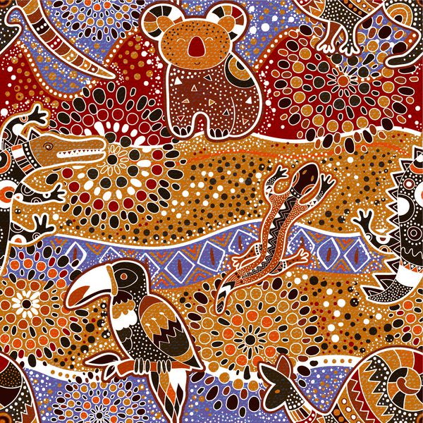 الگوی بدون درز رنگارنگ با حیوانات استرالیا زمینه قومی تزئینی