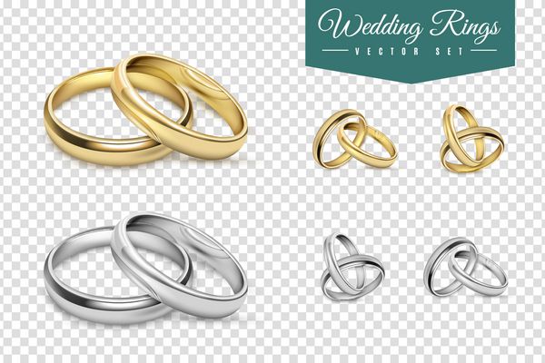 مجموعه حلقه های عروسی از فلز طلا و نقره در تصویر برداری جدا شده پس زمینه شفاف