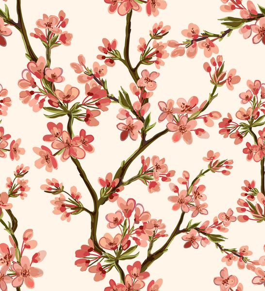 الگوی بردار زیبا و بدون درز با گلهای استوایی ژاپنی درخت کاغذ دیواری بهاری شاخه مناسب برای تصاویر پس زمینه پس زمینه صفحه وب بافت های سطحی نساجی
