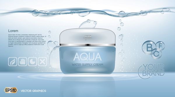 الگوی تبلیغاتی لوازم آرایشی مرطوب کننده Aqua Cream لوسیون صورت مرطوب کننده تصویربرداری واقع بینانه 3D آب درخشان بر روی پس زمینه آبی می افتد