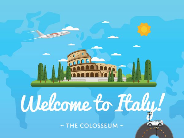 به پوستر ایتالیا خوش آمدید با تصویر مشهور برداری جذاب طراحی سفر با Colosseum باستانی در رم برج دیدنی معماری و مفهوم مسافرت در سراسر جهان بنر آژانس های توریستی