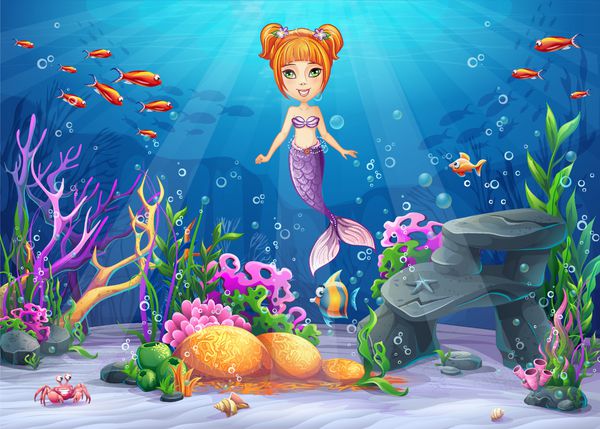 تصویر برداری کارتونی جهان در زیر آب با شخصیت خنده دار پری دریایی مرجان صخره سنگ ماهی خرچنگ ​​پوسته احاطه شده است
