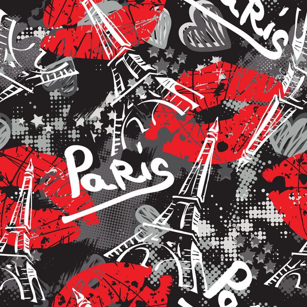 Bonjour پاریس الگوی یکپارچه با قلم های خوشنویسی اصلی طراحی برج ایفل و لب ها الگوی بدون درز برای پارچه