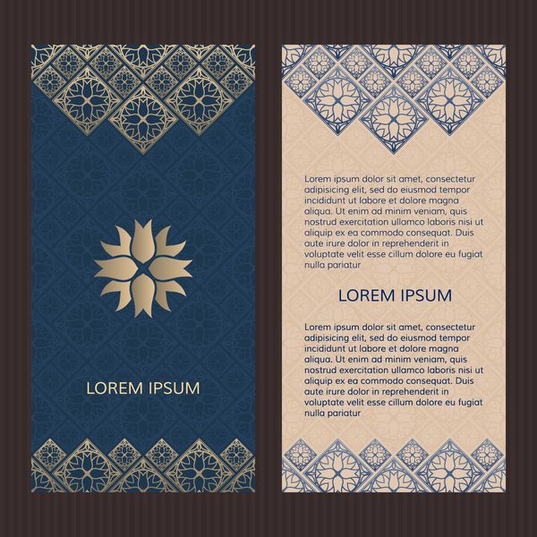 مجموعه ای از دو کارت لوکس اسلامی دعوت هایی با طرح هندسی طلایی قالب طرح بندی با آرم کاشی های گل