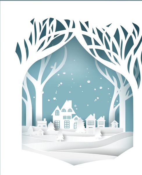 چشم انداز هنر کاغذی کریسمس و سال نو مبارک با طراحی درخت و خانه تصویر برداری