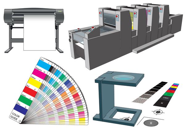 ابزار و ماشین آلات هنرهای گرافیکی برای چاپ تجاری عناصر گردش کار مدرن که در هنرهای گرافیکی مورد استفاده قرار می گیرند پلاتر چاپخانه راهنمای رنگ و لوپ تصویر برداری