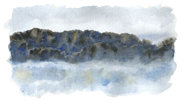 نقاشی اصلی آبرنگ با خط الراس کوه بلند فانتزی پوشیده از ابر