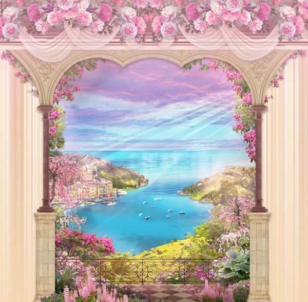 زمینه گلدار با نوارهای عمودی سفید صورتی و هلو و طاقچه ای که مشرف به دریا است در وسط