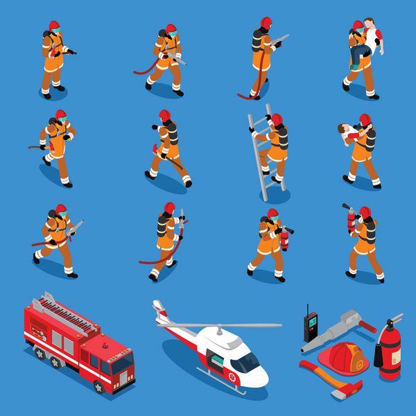 مجموعه ایزومتریک آتش نشانان آتش نشانی در موقعیت های مختلف کامیون خاموش کننده هلیکوپتر تبر شلنگ کلاه ایمنی تصویر برداری جدا شده