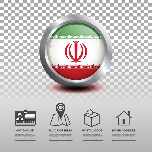 دایره پرچم ایران را در دکمه نماد براق با شناسه ملی محل تولد کد پستی و آدرس منزل مسطح در پس زمینه شفاف تصویر برداری eps10