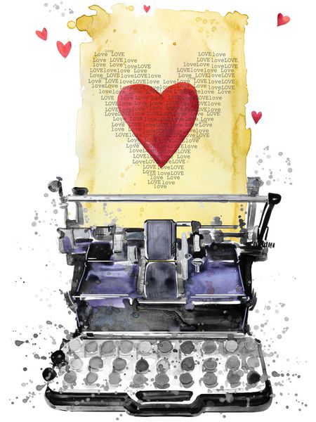 نقاشی آبرنگ ماشین تحریر زمینه روز ولنتاین کارت تبریک عشق قلب قرمز