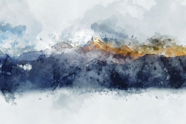 دامنه کوهها در نور صبحگاهی نقاشی دیجیتال آبرنگ