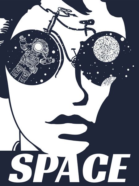 زن فضایی کوبی نماد گردشگری مسافرت گرافیک سورئال دختر سایبرنتیک فضانورد در چرخهای دوچرخه