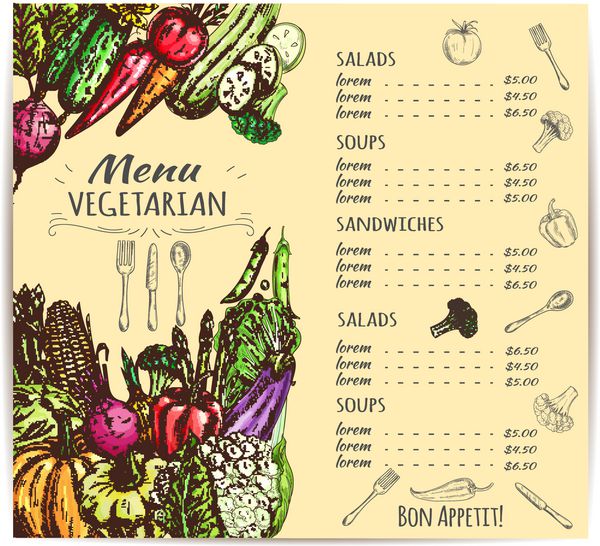 منوی رستوران گیاهی لیست سالاد سبزیجات سوپ ساندویچ با قیمت ها و طرح های هویج تازه گوجه فرنگی فلفل کلم بروکلی و پیاز ذرت و بادمجان نخود و کدو سبز سبزیجات کلم