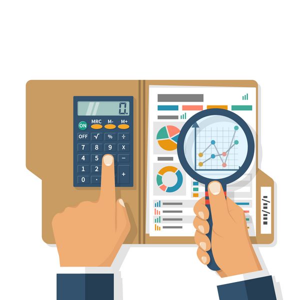 مفهوم کسب و کار تحقیقاتی بازرگان تجزیه و تحلیل نمودارهای تحقیق در بازار مالی حسابرسی مالیاتی گزارش مالی حسابداری برنامه ریزی ماشین حساب ذره بین در دست تصویر برداری به سبک تخت