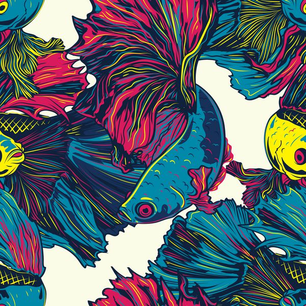 الگوی بدون درز رنگارنگ ماهی بتا ماهی مبارز سیامی Betta Splendens تصویر زمینه پس زمینه