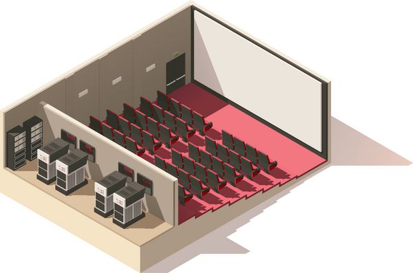 ایزومتریک کم فیلم سینمایی برش ایزومتریک شامل صفحه نمایش فیلم صندلی ها و پروژکتورها است