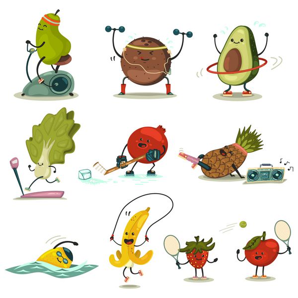 میوه و سبزیجات خنده دار ورزش می کنند خوردن سالم و تناسب اندام مجموعه وکتور شخصیت کارتونی مواد غذایی ناز