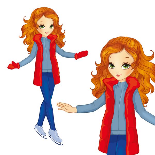 تصویر برداری دختر موی قرمز در اسکیت های لباس زمستانی
